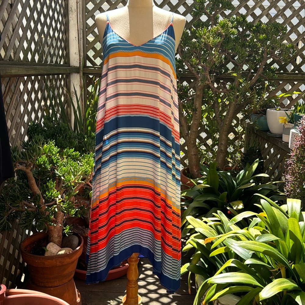 Antibes Blanc- Size Large Thin straps striped midi dress w/asymmetrical hem. EUC